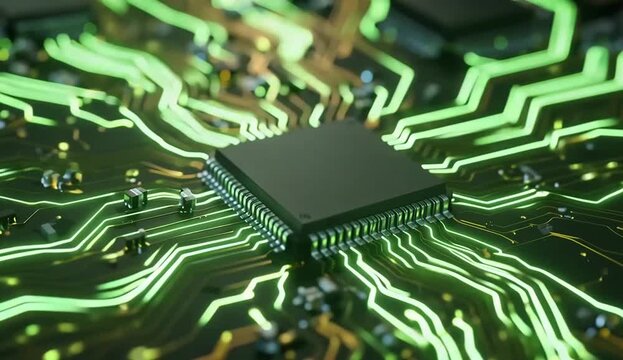 Central microchip on a glowing circuit board, intricate green data pathways symbolize advanced digital technology, high-speed processing, and the future of computing innovation