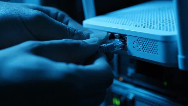 Person connecting ethernet cable to router while setting up technology network connection for digital access