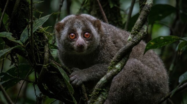 Bangka Slow Loris (Nycticebus bancanus) Peering Through Dense Tropical Rainforest Foliage with Large Nocturnal Eyes