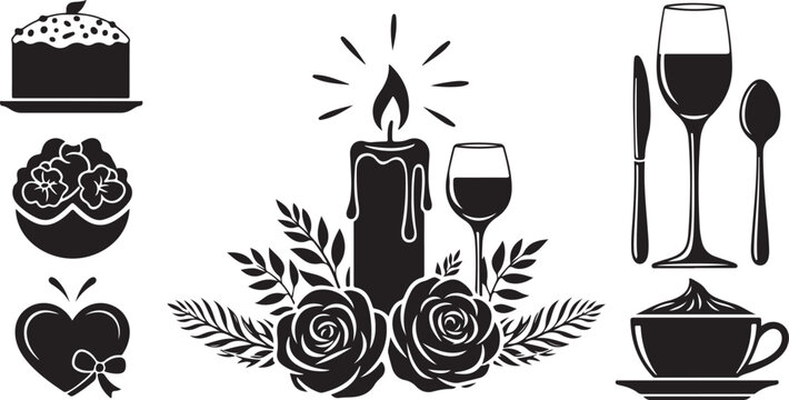 Romantic dinner and love symbols in black
