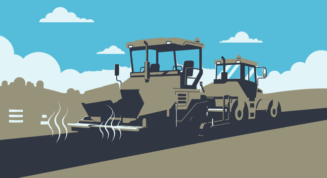Road construction machines asphalt paver and roller working on highway