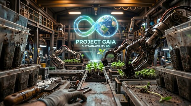 Project gaia sustainability co robotic arm planting seedlings in industrial setting.