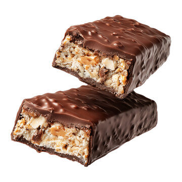 Chocolate snack protein energy fitness bar with nut cereal filling isolated on white background concept of sweet treat