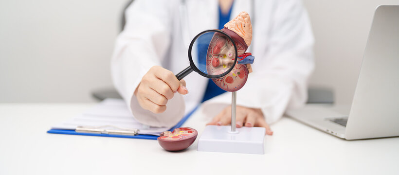 Doctor with Kidney Adrenal gland anatomy model. disease of Urinary system and Stones, Cancer, world kidney day, Chronic kidney, Urology, Nephritis, Renal, Transplant and health concept
