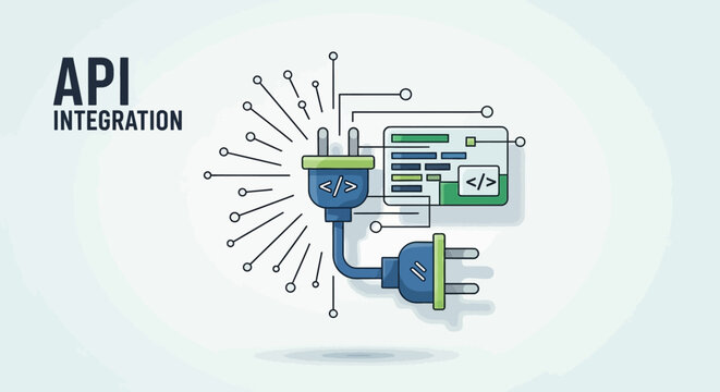 API integration concept with electrical plugs and code symbols illustration.