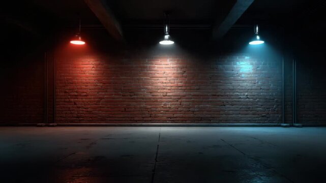 Empty brick wall interior with colored light, dark concrete floor, industrial space, moody urban background, red white blue glow, warehouse scene