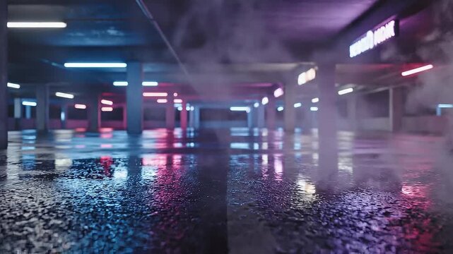 Neon reflections on wet asphalt and smoke concept. Misty underground parking garage with colorful neon lights reflecting on wet floor and fog
