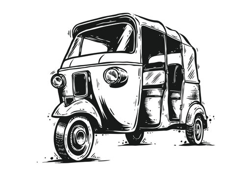 Minimalistic line drawing of a tuk tuk vehicle shown from different perspectives: front, side, and rear. Vector illustration,