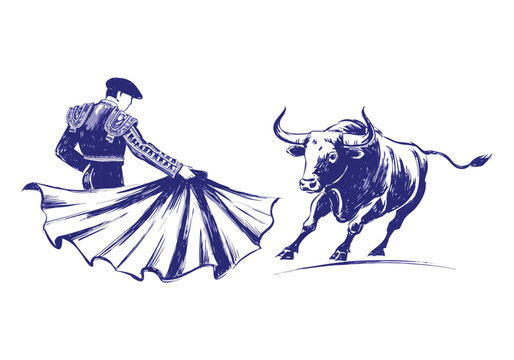 Collection of dark bulls and figure of matador with red cape. Toreador is the main participant in bullfight. Traditional symbol of Spain. Vector illustration isolated.
