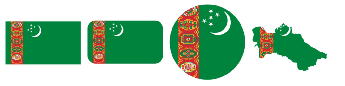 turkmenistan circular, turkmenistan rectangular, and turkmenistan map flag flat icon