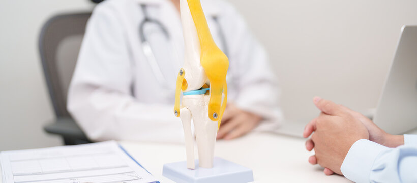 Doctor with Human Knee joint anatomy model. Osteoarthritis, Patellofemoral Pain Syndrome, Patellar Tendinitis, ACL, Anterior Cruciate Ligament, PCL, Posterior, MCL, Medial Collateral, LCL and Lateral