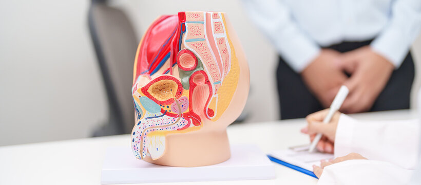 Doctor with Male Reproductive System anatomy model. Male consultation, Prostate Cancer, Enlarged prostate, Prostatitis disease, Male Infertility, Erectile dysfunction, Penis and Male genital disorder