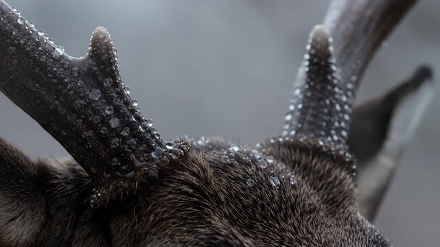 A majestic deer with water droplets on its antlers and fur while standing in a misty forest setting