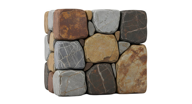 Square block made of natural stone pieces with brown and gray texture for construction and design isolated on transparent background
