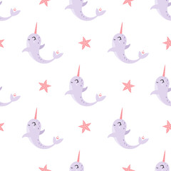 Cute narwhal seamless pattern. Cartoon ocean animal background. Sea repeat design. Kids vector illustration. © JulzaArt