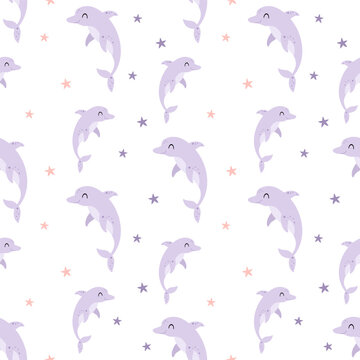 Cute dolphin seamless pattern. Cartoon ocean animal print. Sea repeat background.  Beach design. Vector illustration.