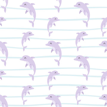 Cute dolphin seamless pattern. Cartoon ocean animal print. Sea repeat background.  Beach design. Vector illustration.