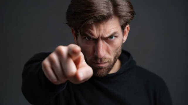 Serious adult male portrait in dark studio black hoodie pointing finger at camera with intense gaze and angry expression, selective focus close up, dark background, SEO friendly