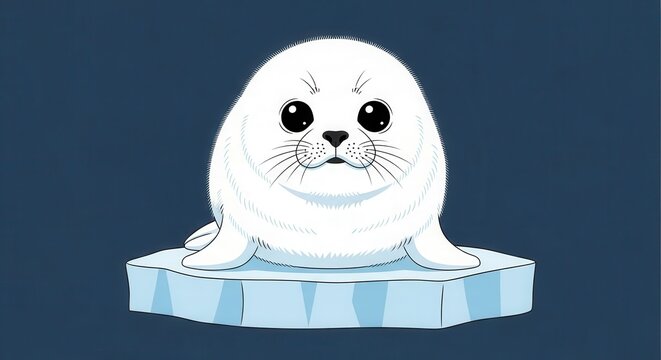 Cute Baby Harp Seal Pup Illustration Sitting on an Ice Floe in the Arc