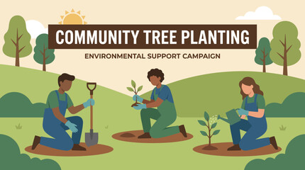 Naklejka premium Community tree planting environmental campaign.