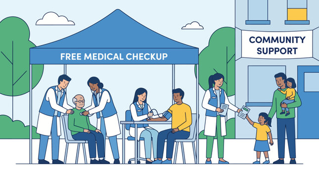 Community health workers providing free medical checkups.