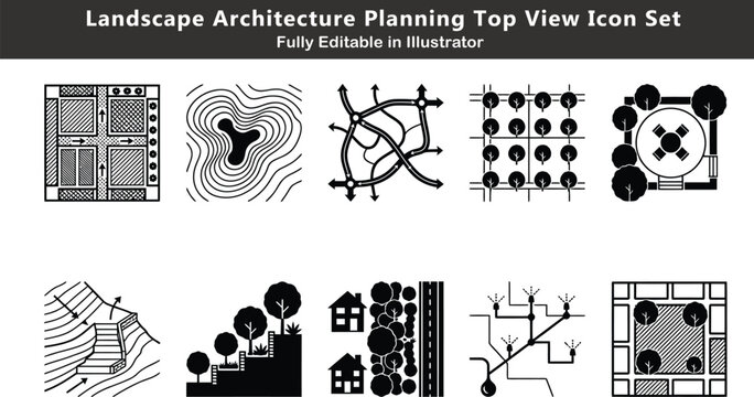 Landscape planning vector icons set, garden zoning, irrigation systems, terrain contours, pathway circulation, outdoor seating nodes, site design CAD icons