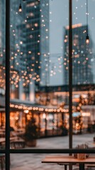 Obraz premium Bokeh Lights Through Window of City Buildings at Night