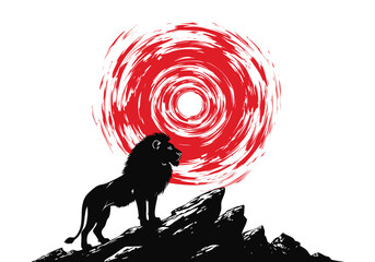 A majestic lion standing on a cliff edge, overlooking a vast, misty valley. The lion's mane is gently blowing in the wind, © Rujon