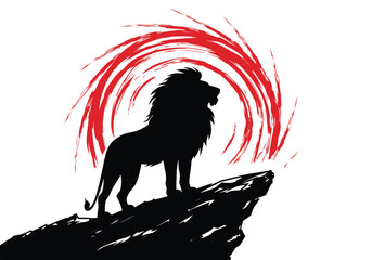A majestic lion standing on a cliff edge, overlooking a vast, misty valley. The lion's mane is gently blowing in the wind, © Rujon