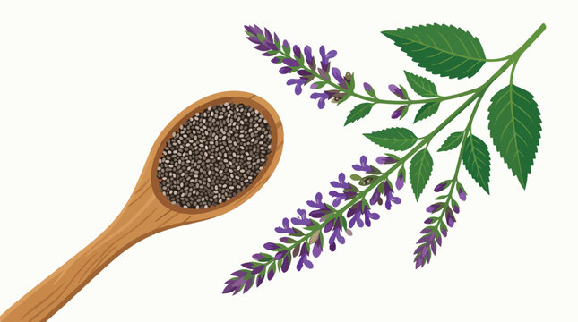 A wooden spoon filled with chia seeds next to a sprig of purple lavender on a white background.