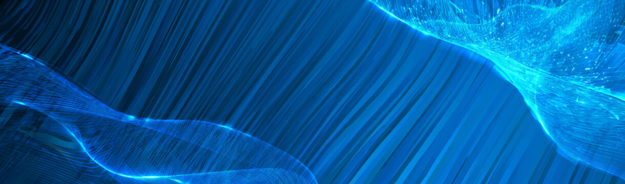Abstract blue digital wave structure composed of glowing light particles flowing across a deep dark textured surface of parallel lines