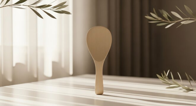 Minimalist Wooden Rice Paddle Standing on White Table with Olive Branc