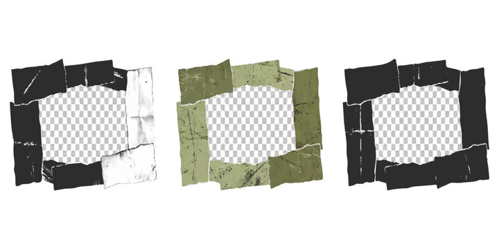 Set of square frames made from pieces of torn adhesive tape in black and green colors