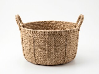 Obraz premium Empty wicker woven basket isolated on white background showing handmade natural wooden craft container with handle