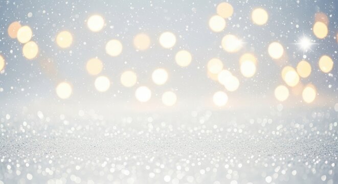 Abstract winter scenery featuring gentle snowfall, glittering white texture, and magical golden bokeh lights creating a festive, cold mood, yellow, ice, crystal
