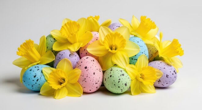 Bright yellow daffodils with speckled pastel Easter eggs in a springtime holiday arrangement celebrating the season, vivid, april, traditional
