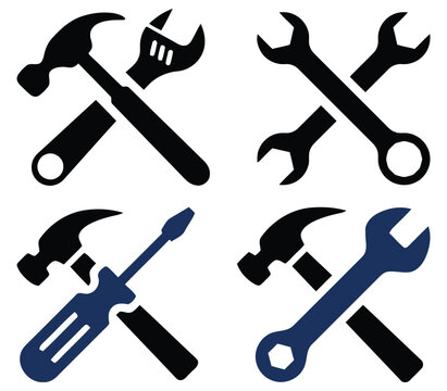 Crossed tools silhouette set hammer wrench screwdriver and adjustable wrench icons