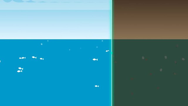 Animated Underwater Scene with Fish Swarm and Pollution Showing Ocean Before and After State