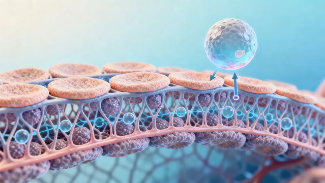 The gas exchange process in human alveolar epithelial cells: Alveolar epithelial cells are flattened, and oxygen and carbon dioxide are exchanged through the cell membrane.