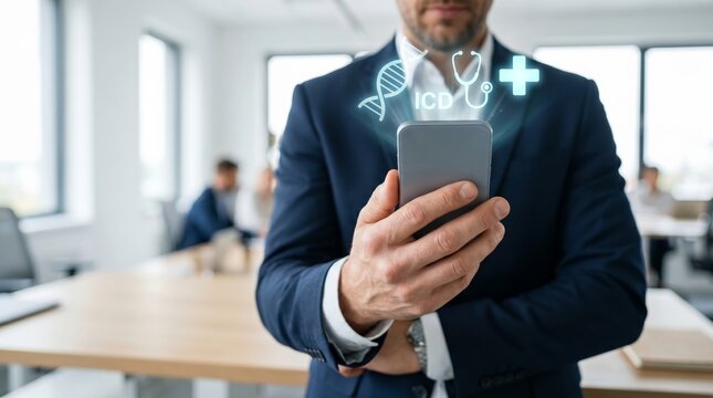 Businessman holding smartphone with holographic medical icons including DNA, stethoscope, and ICD symbols. Digital healthcare technology and telemedicine concept.