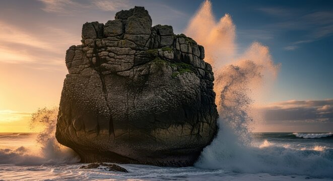Huge ancient stone formation emerging from the turbulent sea near the beach, highlighting the power and permanence of nature against the dynamic coastal spray, geology, marine, coast