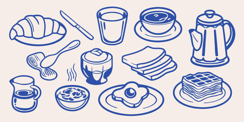 breakfast food illustrations line art style on a beige background © Juran