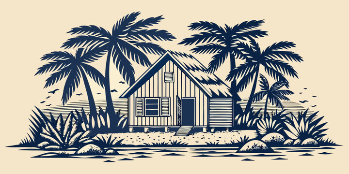 Tropical beach hut illustration with palm trees and foliage