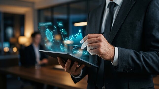 Businessman holding tablet with holographic VC funding dashboard and growth chart. Venture capital investment, financial analytics, and startup business concept.