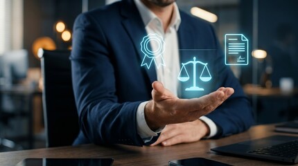 Fototapeta premium Businessman holding glowing hologram with law scales, certificate, and award icons. Legal compliance, business standards, and professional achievement concept.
