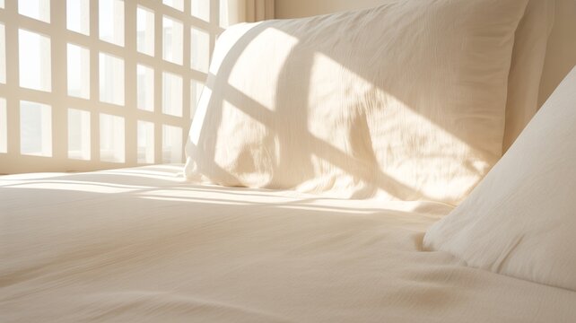 Bright Minimal Bedroom With White Bedding And Morning Sunlight