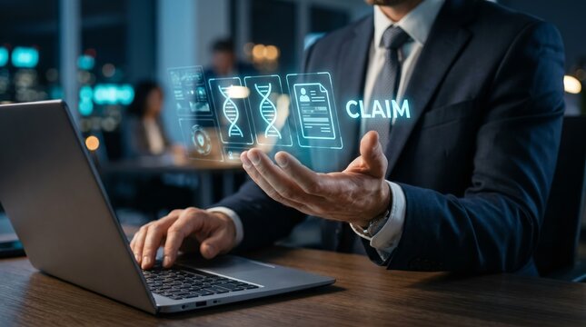 Businessman holding holographic DNA and insurance claim icons. Genetic testing, healthcare data, and digital medical claim concept.