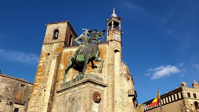 Equestrian statue of Francisco Pizarro. Bronze statue of the Spanish conquistador on horseback. Plaza Mayor, Trujillo, Spain.