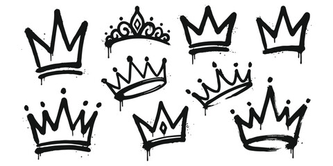 Set of hand drawn graffiti crown icons in black ink style ©  Designer