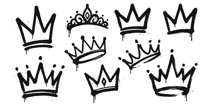 Set of hand drawn graffiti crown icons in black ink style